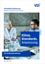 Titelbild der VDI-Handlungsempfehlung: Zwei Personen – eine ältere Frau im weißen Kittel und ein Mann sitzen an einem Tisch im Gespräch, darüber der Schriftzug „Klima. Standards. Anpassung.